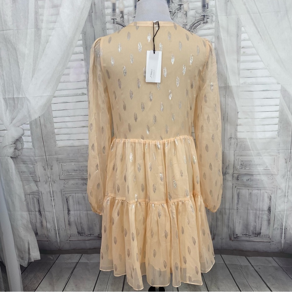 A Loves A Size Small Peach Silver Half Button Babydoll Mini Dress Long Sleeve - Picture 10 of 16
